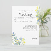 Blaue und gelbe Wildblume farbenfrohe Hochzeit Einladung (Stehend Vorderseite)