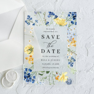 Blaue und gelbe Wildblumen Hochzeit Save The Date Acryleinladungen