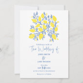 Blaue und gelbe Zitronenweine Einladung Hochzeiten (Vorderseite)