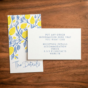 Blaue und gelbe Zitronenweine Hochzeit der Details Begleitkarte