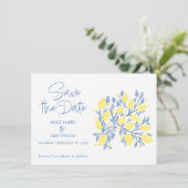 Blaue und gelbe Zitronenweine Save the Date (Stehend Vorderseite)