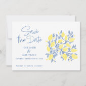 Blaue und gelbe Zitronenweine Save the Date (Vorderseite)