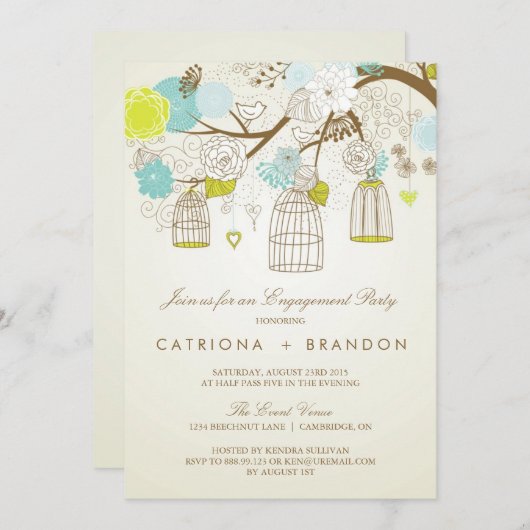 BLAUE UND GELBEN BIRDCAGES ENGAGEMENT PARTEI EINLA EINLADUNG (Vorne/Hinten)