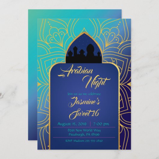 Blaue und goldarabische Nächte Marokkanischer Gebu Einladung (Vorne/Hinten)