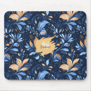 Blaue und goldene abstrakte Paisley-Blätter (3) Mousepad