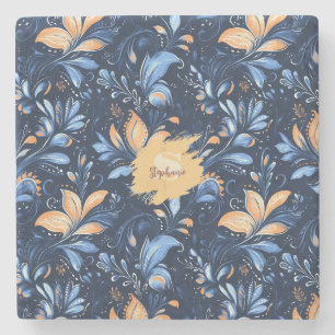 Blaue und goldene abstrakte Paisley-Blätter (3) Steinuntersetzer