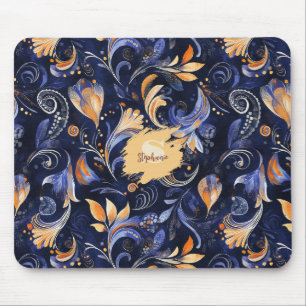 Blaue und goldene abstrakte Paisley-Blätter Mousepad