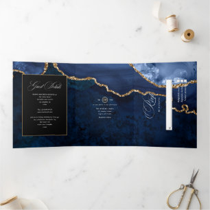 Blaue und goldene Achat-Hochzeits-Einladung zum Dr Dreifach Gefaltete Einladung