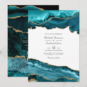Blaue und goldene Achat QR-Code RSVP Hochzeit Einladung