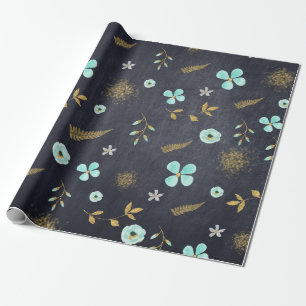Blaue und goldene Aquarell-Frühlingsmotive Geschenkpapier