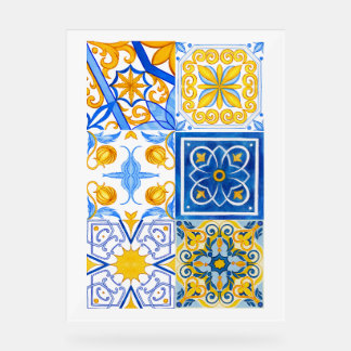 Blaue und goldene Aquarellfarben-Muster - Mediterr Acrylschild