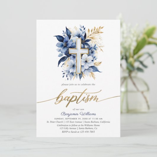 Blaue und goldene Aquarelltaufe Einladung (Stehend Vorderseite)