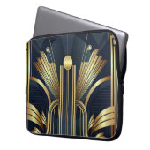Blaue und goldene Art Deco Laptopschutzhülle (Vorderseite Links)