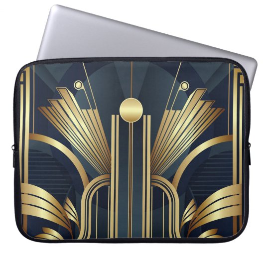 Blaue und goldene Art Deco Laptopschutzhülle (Vorderseite)
