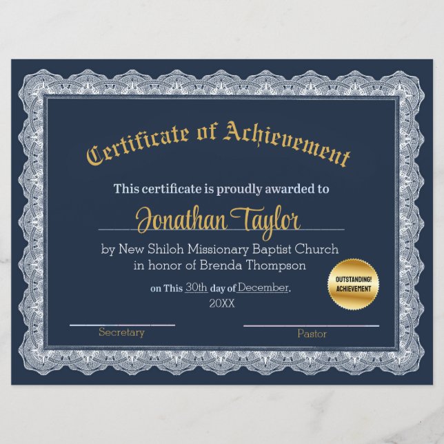 Blaue und goldene Bescheinigung der Erzielung (Vorderseite)