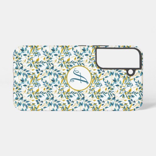 Blaue und goldene Blattmuster mit Initialen Samsung Galaxy Hülle (Rückseite (Horizontal))