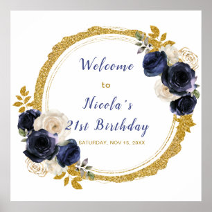 Blaue und goldene Blume Geburtstagsparty Poster