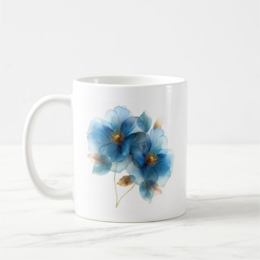 Blaue und goldene Blume mit zartem Aquarellhimmel Kaffeetasse (Links)