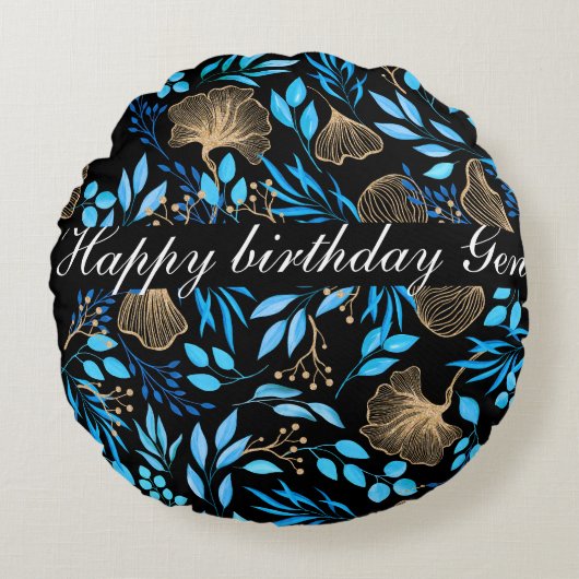 Blaue und goldene Blume - Name hinzufügen Rundes Kissen (Vorderseite)