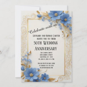 Blaue und goldene Blumen Eleganz 50. Jubiläum Einladung