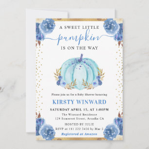 Blaue und goldene Blumen-Kürbis-Herbst-Baby-Party Einladung