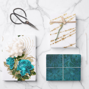 Blaue und goldene Blumenverpackungsbögen Geschenkpapier Set