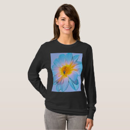 Blaue und goldene Dahlien-Bienen-Grafik Langarmshi T-Shirt
