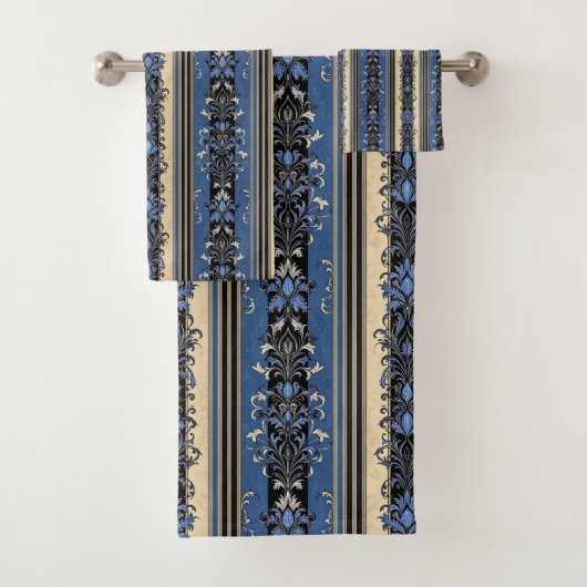 Blaue und goldene Damaskus-Streifen Badhandtuch Set (Insitu)
