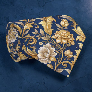 Blaue und goldene Damast-Blumen-Krawatte nach Maß Krawatte