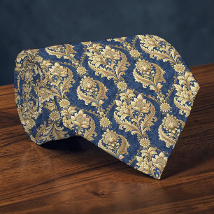 Blaue und goldene Damast-Seidenkrawatte nach Maß Krawatte