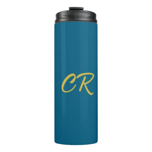 Blaue und goldene Farbmonogramm Moderne Minimalist Thermosbecher (Vorderseite)