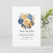 Blaue und goldene florale Hochzeit Save The Date (Stehend Vorderseite)