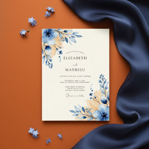 Blaue und goldene florale Wasserfarben-Hochzeit Einladung