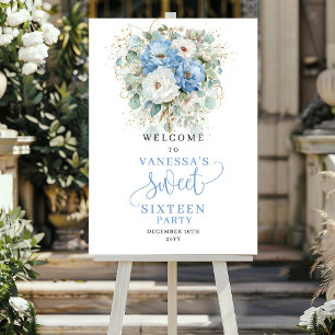 Blaue und goldene florale Willkommensgruß zur 16. Poster