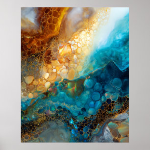 Blaue und goldene Fluid-Art-Abstraktion Poster