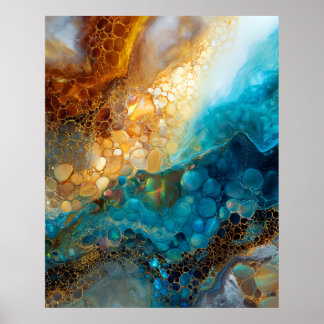 Blaue und goldene Fluid-Art-Abstraktion Poster