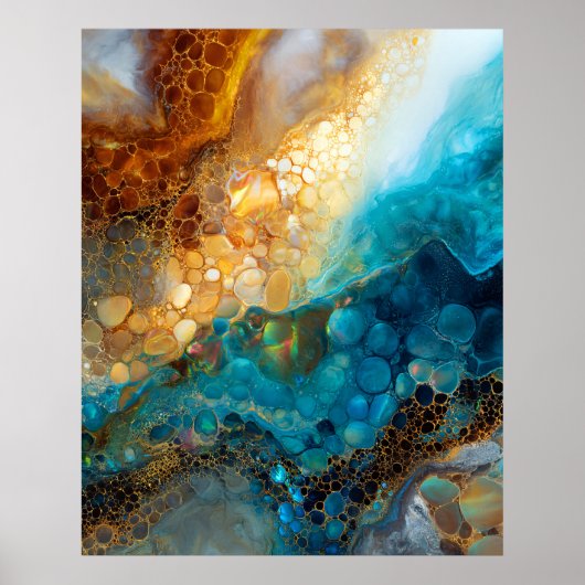 Blaue und goldene Fluid-Art-Abstraktion Poster (Vorne)