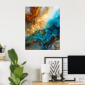 Blaue und goldene Fluid-Art-Abstraktion Poster (Heimbüro)