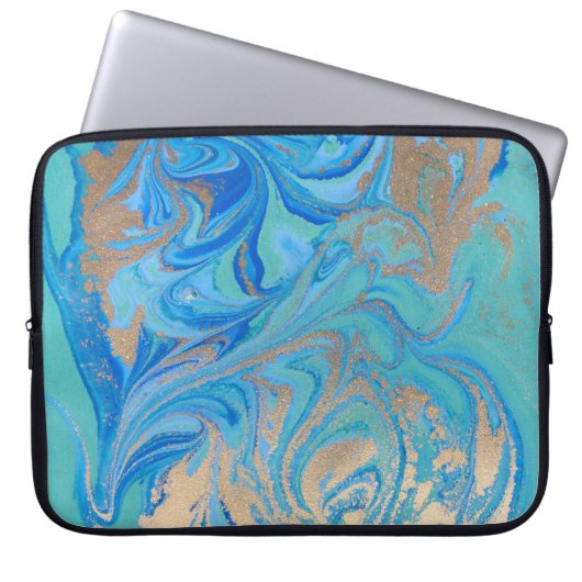 Blaue und goldene flüssige Textur Laptopschutzhülle (Vorderseite)