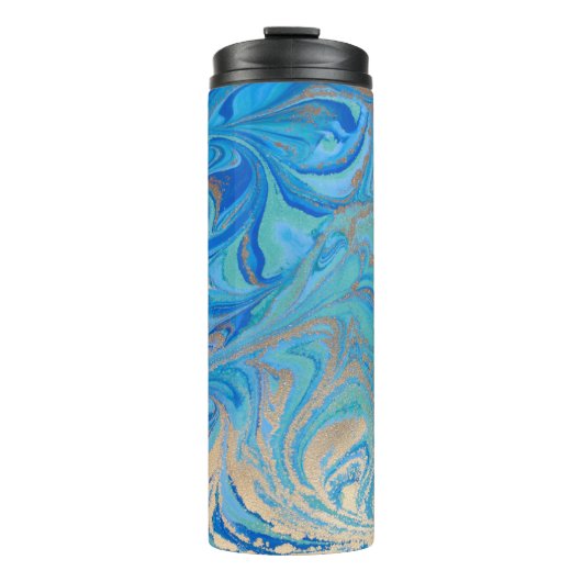 Blaue und goldene flüssige Textur Thermosbecher (Vorderseite)