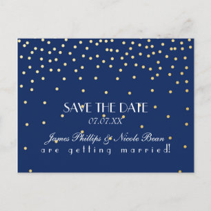 Blaue und goldene Folienpunkte Save-The-Date-Postk Ankündigungspostkarte