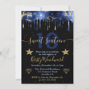 Blaue und goldene Galaxie-Marmor-Sweet-Sixteen Einladung
