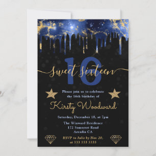 Blaue und goldene Galaxie-Marmor-Sweet-Sixteen Einladung