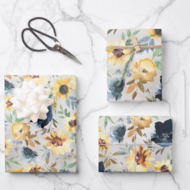 Blaue und goldene gelbe Peony & Sonnenblumen Wrapp Geschenkpapier Set