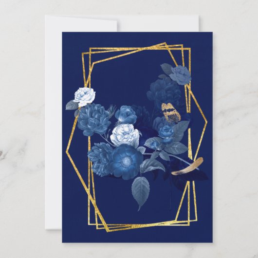 Blaue und goldene geometrische Hochzeit Einladung (Rückseite)