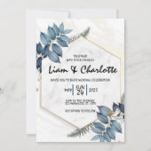 Blaue und goldene, geometrische Hochzeitseinladung Einladung (Vorderseite)