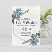 Blaue und goldene, geometrische Hochzeitseinladung Einladung (Stehend Vorderseite)