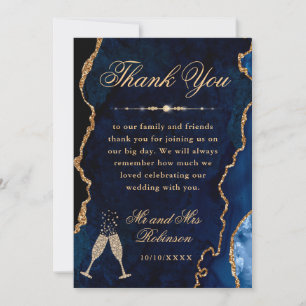 Blaue und goldene Glitter-Achat- & Marmor-Hochzeit Dankeskarte