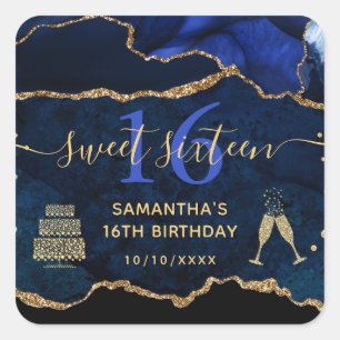 Blaue und goldene Glitter-Achat-Murmel Sweet 16 Quadratischer Aufkleber