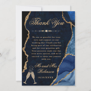 Blaue und goldene Glitter-Achat- und Marmor-Hochze Dankeskarte